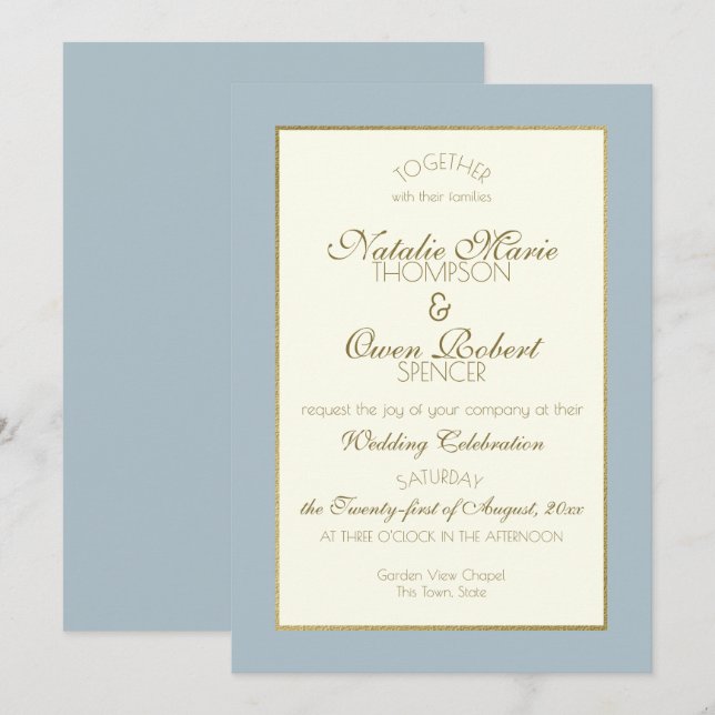 Invitation Mariage en acier bleu et or (Devant / Derrière)