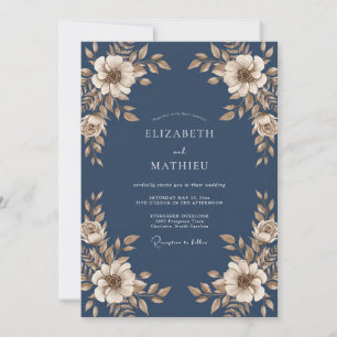 Invitation Mariage en acier bleu foncé feuillu