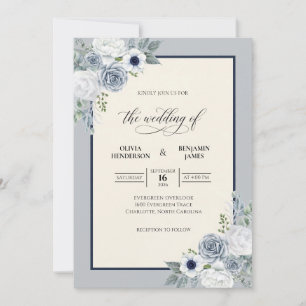 Invitation Mariage en acier, marine et feuillage d'eucalyptus