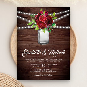 Invitation Mariage en bois dans un pot Mason floral rouge de