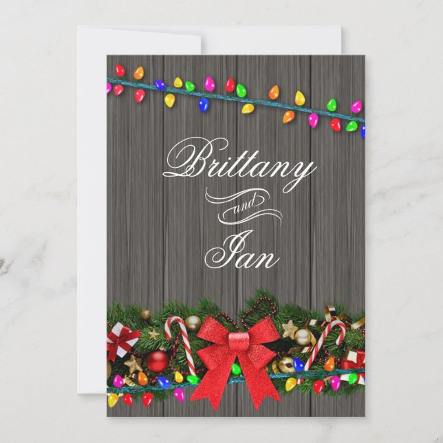 Invitation Mariage en bois de grange aux lumières de Noël | c (Devant)