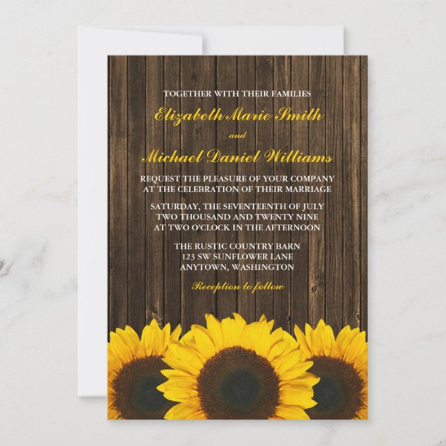 Invitation Mariage en bois de grange de tournesols (Devant)