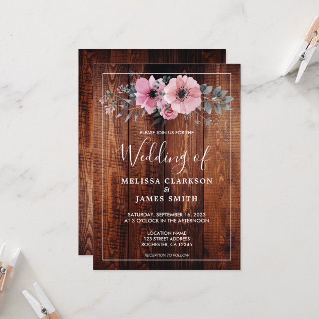 Invitation Mariage en bois de grange fleurs aquarelles rustiq (Devant/Arrière en situation)