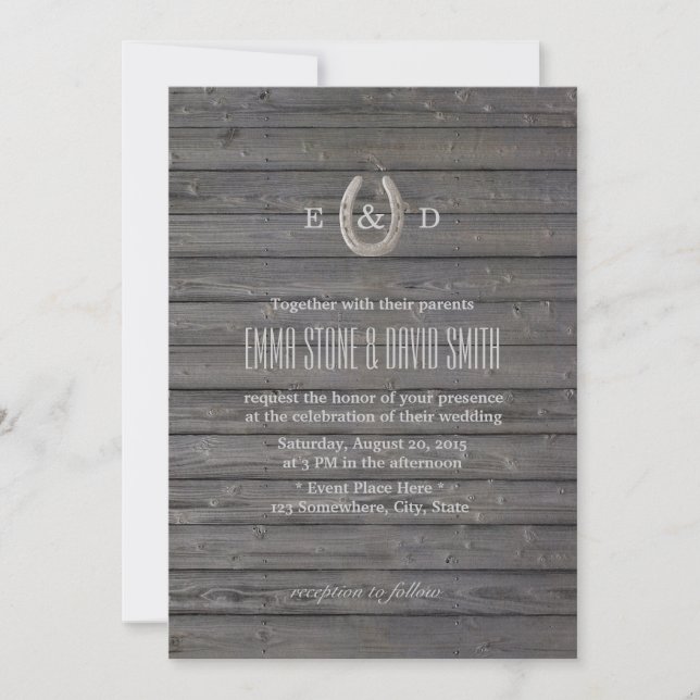 Invitation Mariage en bois de grange foncé de fer à cheval ru (Devant)
