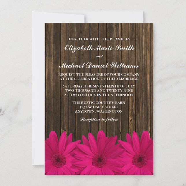 Invitation Mariage en bois de grange rose de marguerites (Devant)