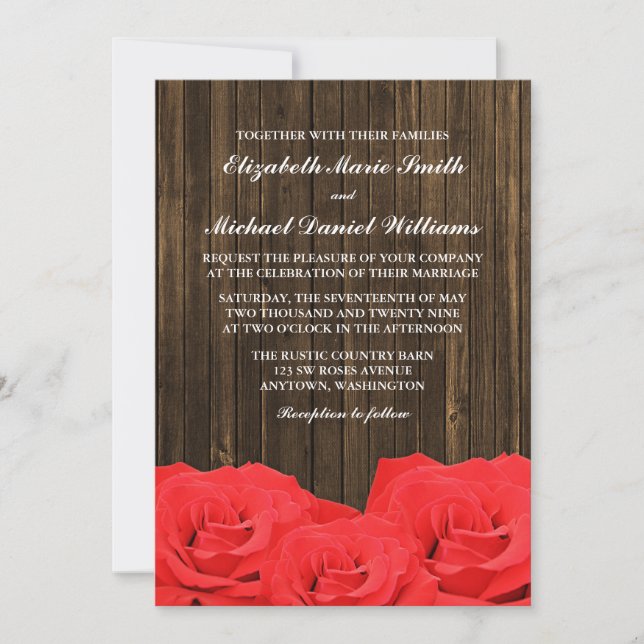 Invitation Mariage en bois de l'étable Red Roses (Devant)