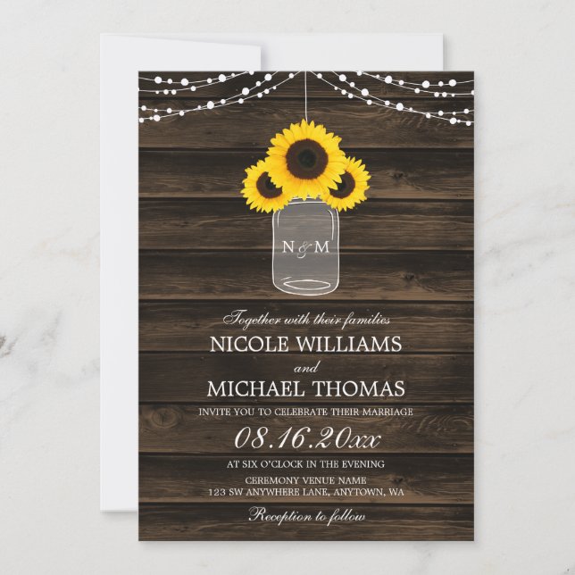 Invitation Mariage en bois de tournesols de maçon de grange (Devant)