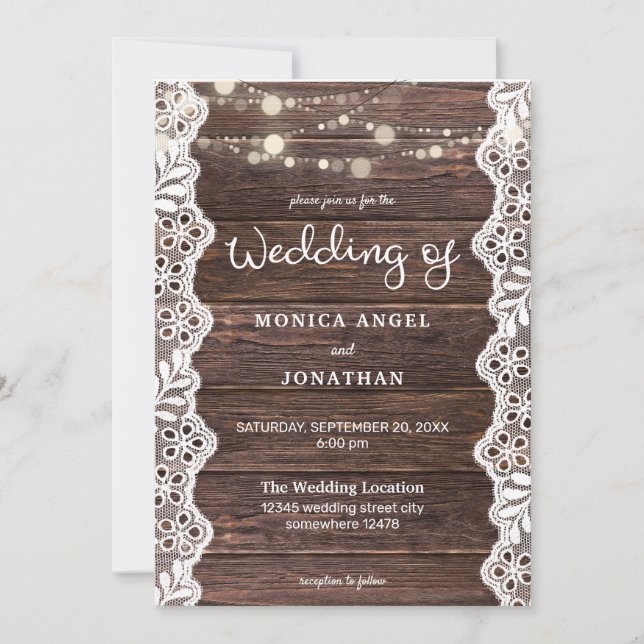 Invitation Mariage en Bois & Dentelle avec Guirlandes (Devant)
