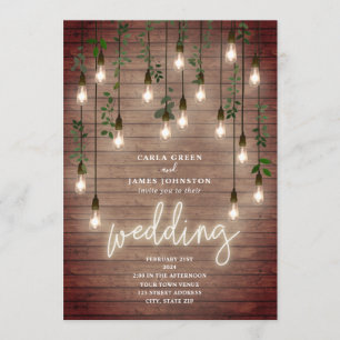 Invitation Mariage en bois des néons des ampoules Vintages