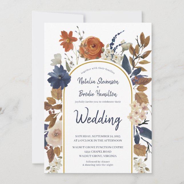 Invitation Mariage en bois floral bleu de la Marine (Devant)