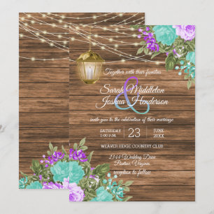 Invitation Mariage en bois, lanterne et violet et Turquoise
