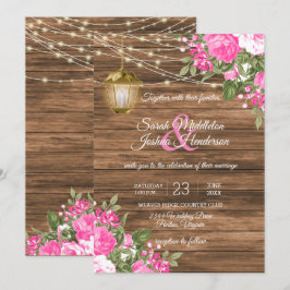 Invitation Mariage en bois, lanternes et fleurs roses