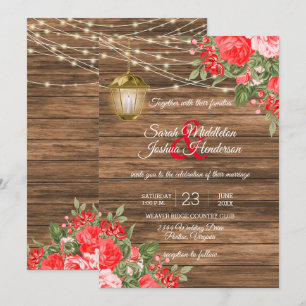 Invitation Mariage en bois, lanternes et fleurs rouges
