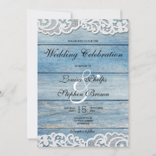 Invitation Mariage en bois rustique bleu et dentelle