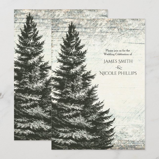 Invitation Mariage en bois rustique d'arbre de pin d'hiver de (Devant / Derrière)