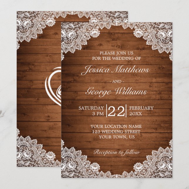 Invitation Mariage en bois rustique et dentelle blanche (Devant / Derrière)