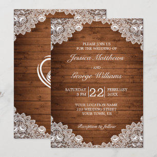 Invitation Mariage en bois rustique et dentelle blanche