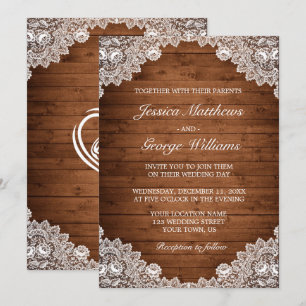 Invitation Mariage en bois rustique et dentelle blanche