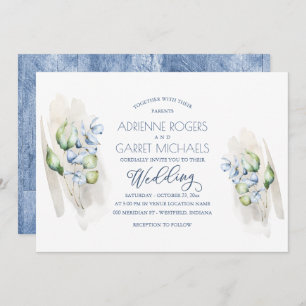 Invitation Mariage en bois rustique Eucalyptus bleu vert et b