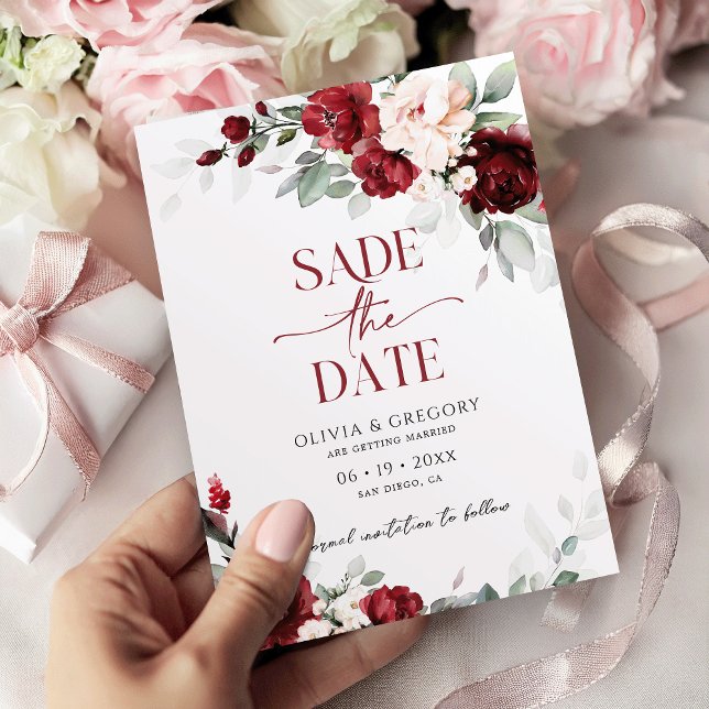 Invitation Mariage en Bourgogne et rose vif Enregistrer la da (Créateur téléchargé)