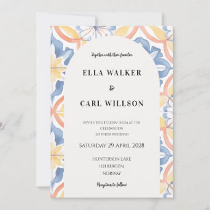 Invitation Mariage en carreaux italiens Gras Bleu Orange