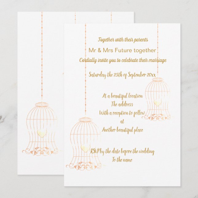 Invitation Mariage EN CLASSE D'OR BLANC D'OISEAU RUSTIQUE (Devant / Derrière)