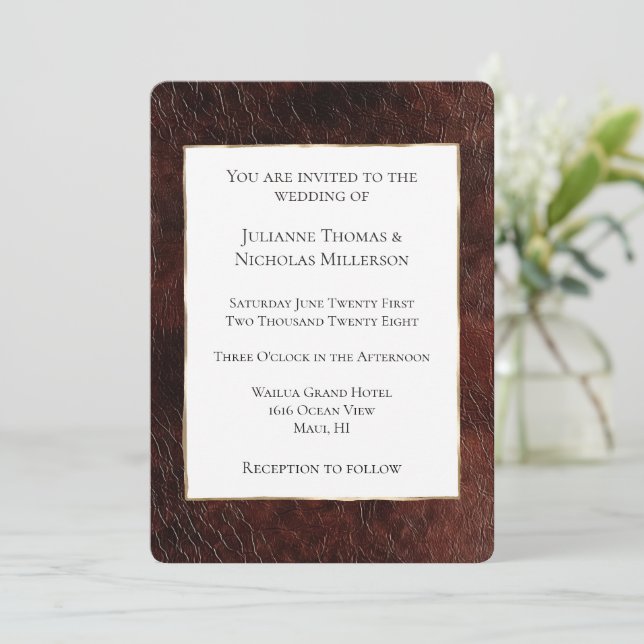 Invitation Mariage en cuir Brown Faux Sud-Ouest (Debout devant)