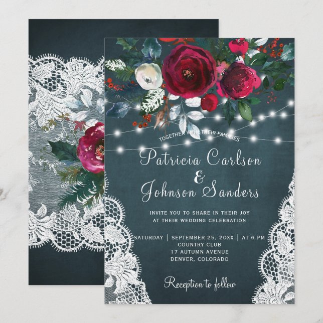 Invitation Mariage en dentelle avec des pivoines bordeaux rus (Devant / Derrière)