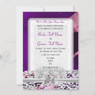 Invitation Mariage en dentelle blanche pourpre damassé