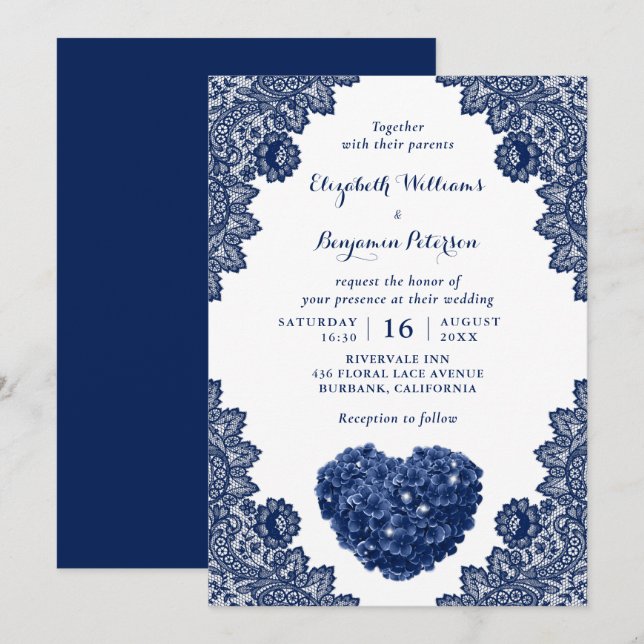 Invitation Mariage en dentelle bleu marine (Devant / Derrière)
