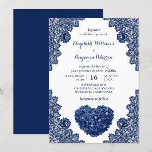 Invitation Mariage en dentelle bleue marine personnalisée Hyd