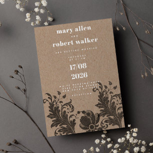 Invitation Mariage en dentelle noire brun rustique kraft