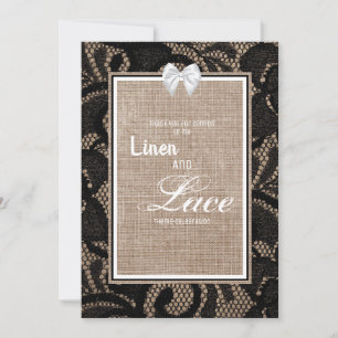 Invitation Mariage en dentelle noire, toile de jute et lin