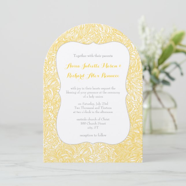 Invitation Mariage en fleur Dahlia jaune Iris (Debout devant)