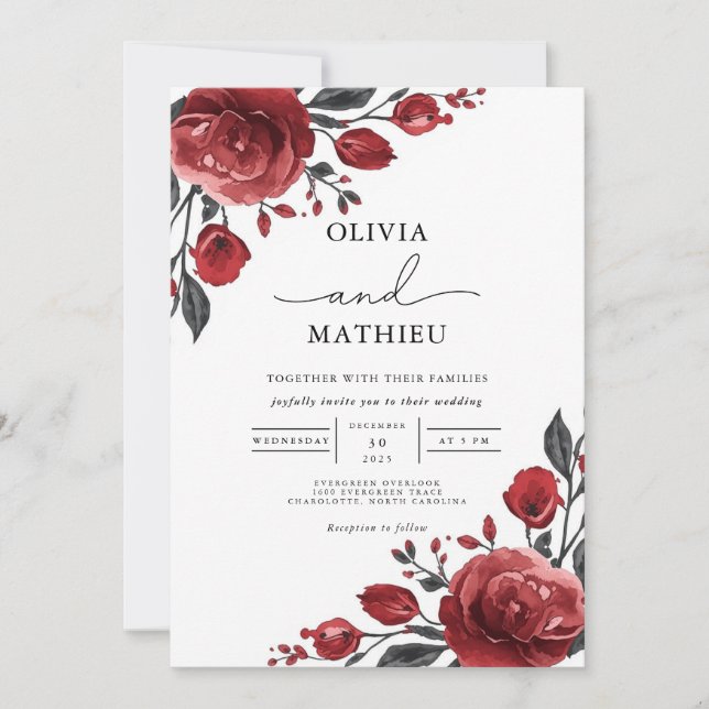 Invitation Mariage en fleurs de rose rouge profonde (Devant)
