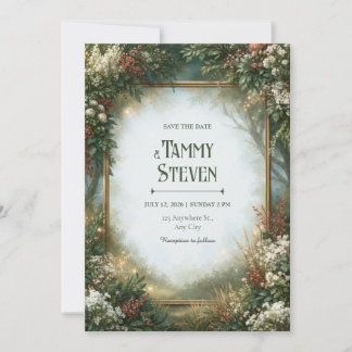 Invitation Mariage en forêt avec cadre doré brumeux