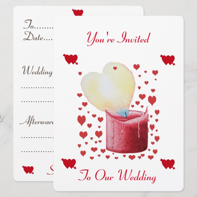 Invitation mariage en forme de coeur flamme rouge bougie (Devant / Derrière)