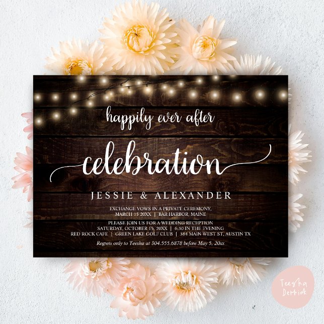 Invitation Mariage en fuite, Célébration de bonheur éternel (Wedding Elopement, Happily Ever After Celebration Invitation Card, PDF, String Lights, Dark Wood)