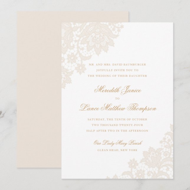 Invitation Mariage en ivoire et en or du coin dentelle délica (Devant / Derrière)