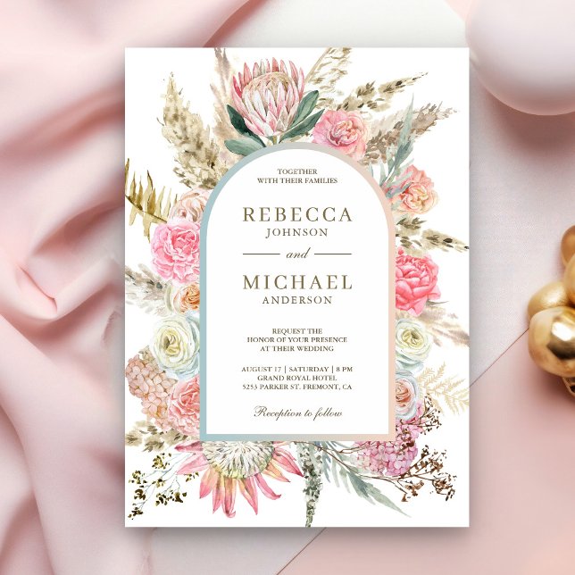 Invitation Mariage en laiton Russe Rose Rose Floral Boho Pamp (Créateur téléchargé)
