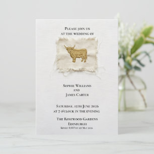 Invitation Mariage en lin rustique avec vache des Highlands é