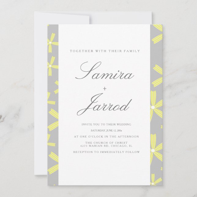Invitation Mariage en marbre Abstrait simple jaune et gris (Devant)