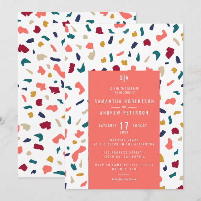 Invitation mariage en marbre clair de corail (Devant / Derrière)