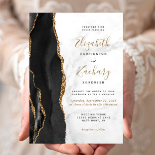 Invitation Mariage en marbre d'agate or noir