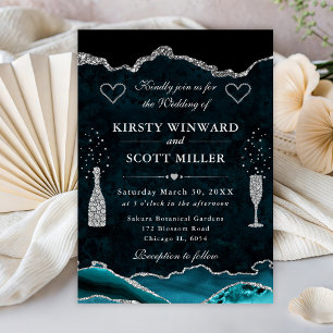 Invitation Mariage en marbre d'agate pailleté de sarcelle et 