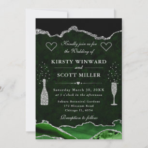 Invitation Mariage en marbre d'agate vert et paillettes d'arg