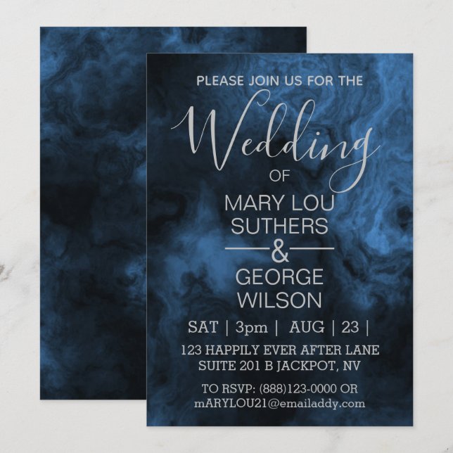 Invitation Mariage en marbre fumé bleu foncé (Devant / Derrière)