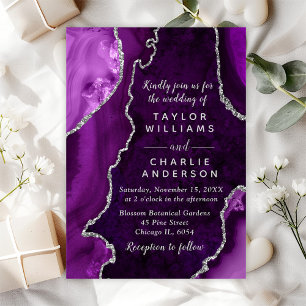 Invitation Mariage en marbre gris violet et argenté