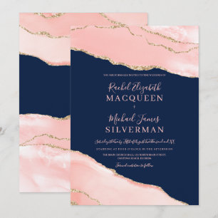 Invitation Mariage en marbre marbré bleu bleu bleu rose or