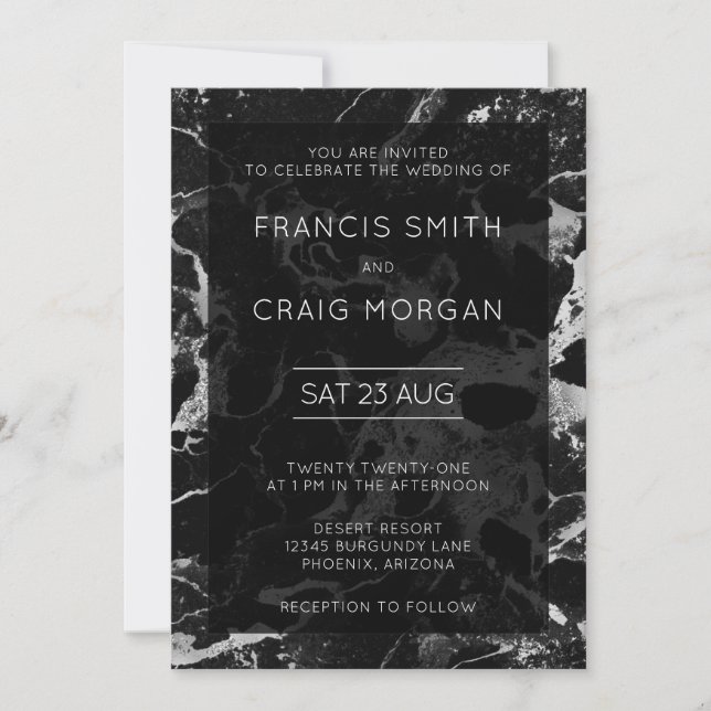 Invitation Mariage en marbre noir et argent Faux (Devant)
